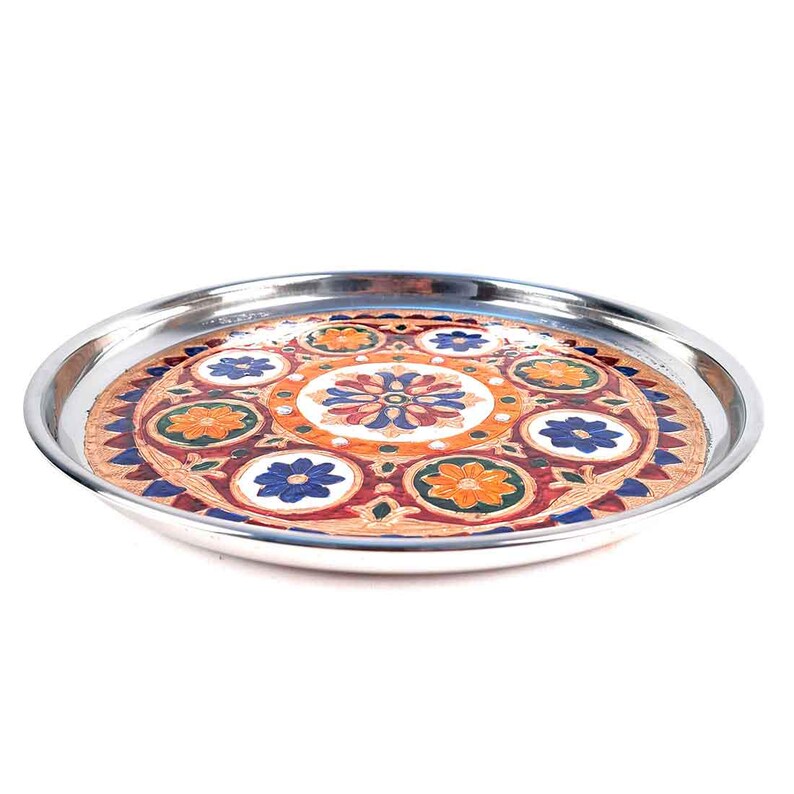 Decorative Pooja Plate | Aarti Thal | Puja Thali - Flower Design - For Pooja, Karwachauth & Festivals - 11 Inch image 4