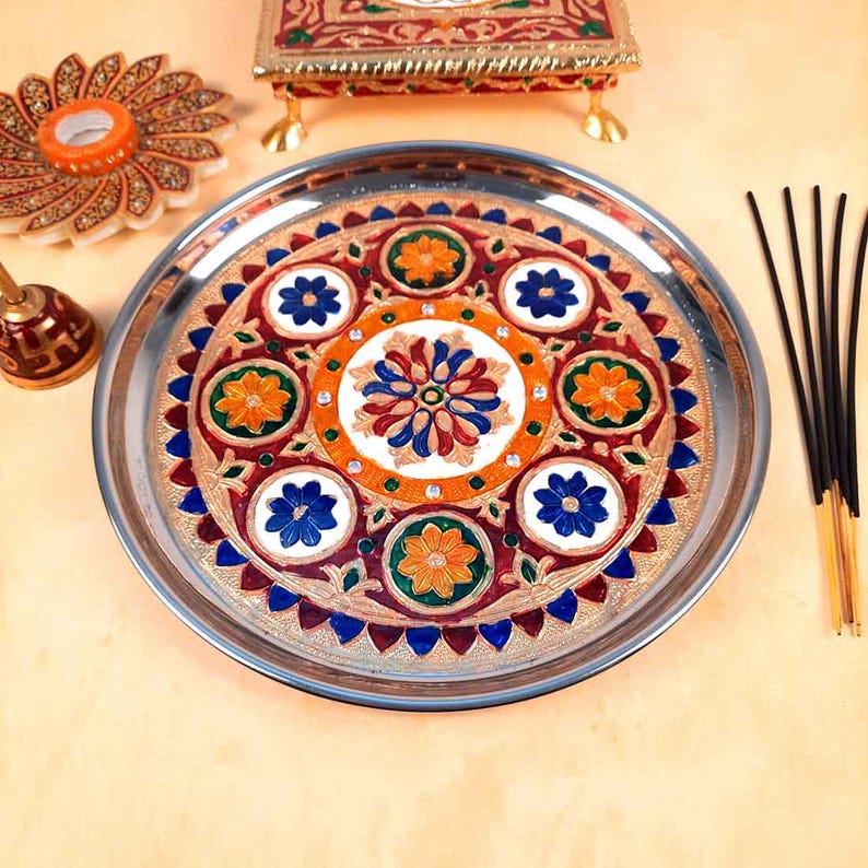 Decorative Pooja Plate | Aarti Thal | Puja Thali - Flower Design - For Pooja, Karwachauth & Festivals - 11 Inch image 6