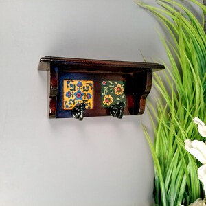 Wooden Shelf with Key Hooks Wall Hanging | Floating Shelf With Key Holder Stand - For Home, Entrance, Office Decor & Gifts - 7 Inch image 5