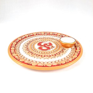 Marble Pooja Plate With Diya | Aarti Thali - Om Heavy Design - For Pooja, Weddings & Festivals - 9 Inch image 9