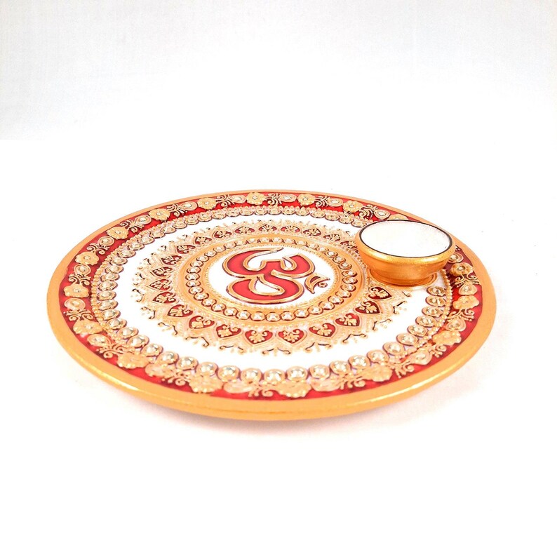 Marble Pooja Plate With Diya | Aarti Thali - Om Heavy Design - For Pooja, Weddings & Festivals - 9 Inch image 9