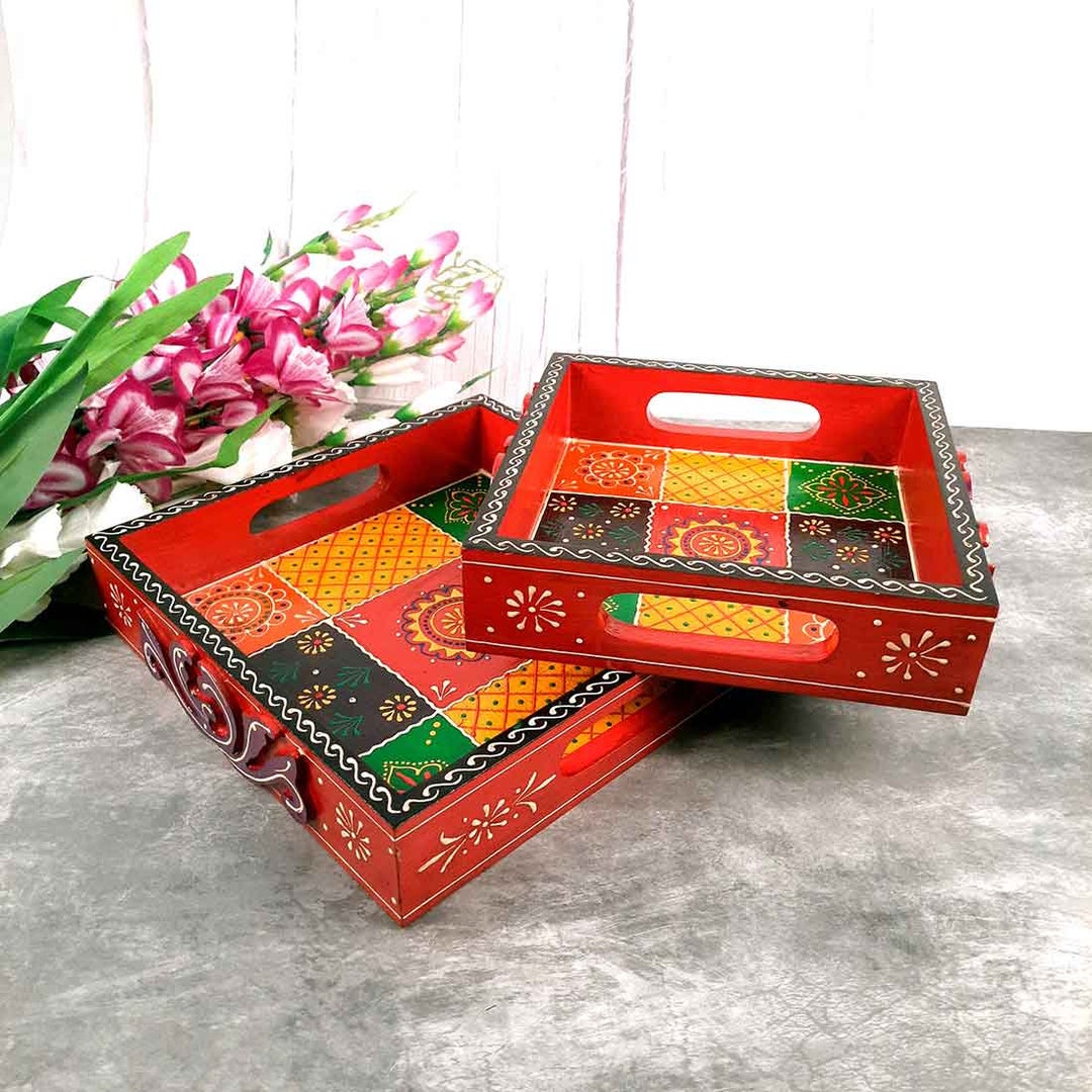 Wooden Tray Set Hand Painted Bed Breakfast Tray Kitchen Etsy