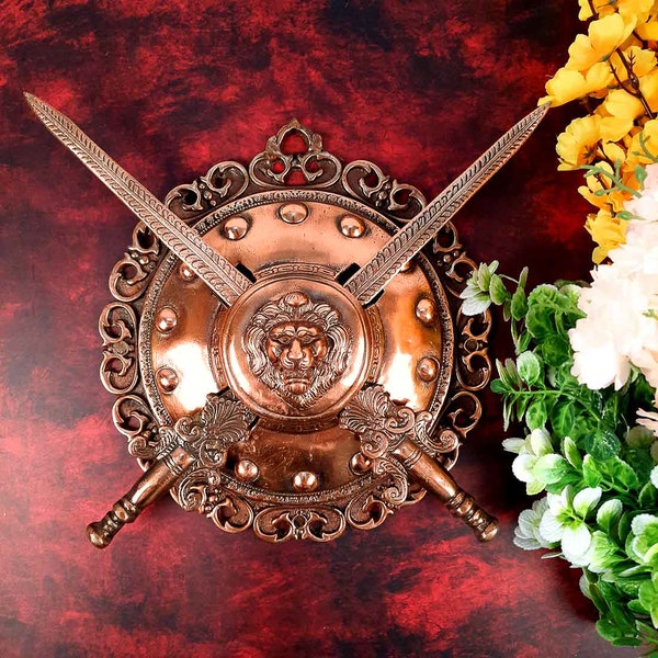 Vintage Wall Decor Sword & Shield Lion Head - Indian Sword and Shield - Antique Home Decor - 12 Inch - War Memorial - Gift for Him