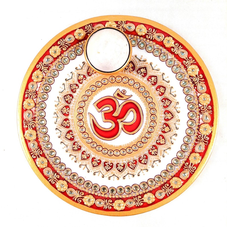 Marble Pooja Plate With Diya | Aarti Thali - Om Heavy Design - For Pooja, Weddings & Festivals - 9 Inch image 8