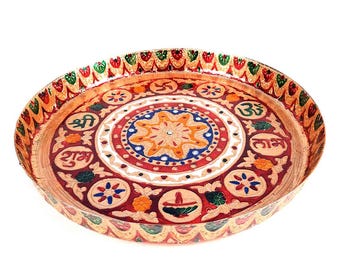 Pooja Thal - Aarti Plate with Meenakari Work & Shubh Labh Design - For Pooja, Weddings, Diwali, Temple, Festivals - 13 Inch