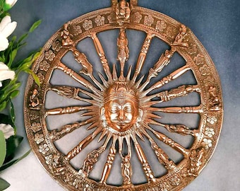 May include: A circular copper-toned wall plaque featuring a central human face surrounded by radiating spokes. Each spoke is adorned with a small figure, and the outer rim is decorated with a repeating floral pattern and additional small figures.