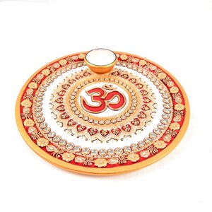 Marble Pooja Plate With Diya | Aarti Thali - Om Heavy Design - For Pooja, Weddings & Festivals - 9 Inch image 2