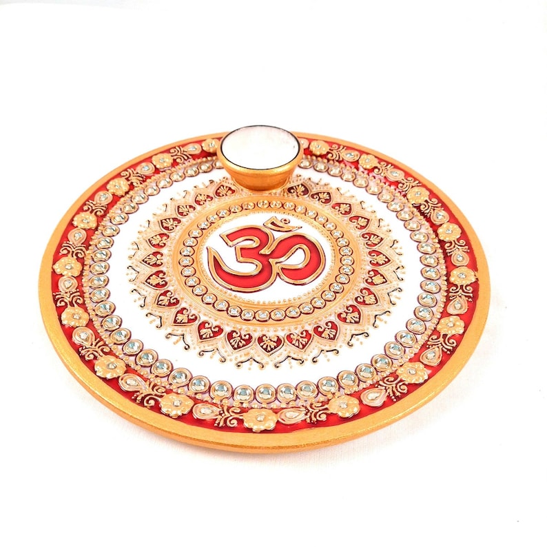 Marble Pooja Plate With Diya | Aarti Thali - Om Heavy Design - For Pooja, Weddings & Festivals - 9 Inch image 2