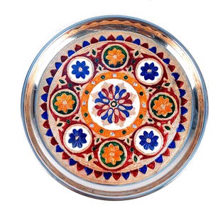 Decorative Pooja Plate | Aarti Thal | Puja Thali - Flower Design - For Pooja, Karwachauth & Festivals - 11 Inch image 3