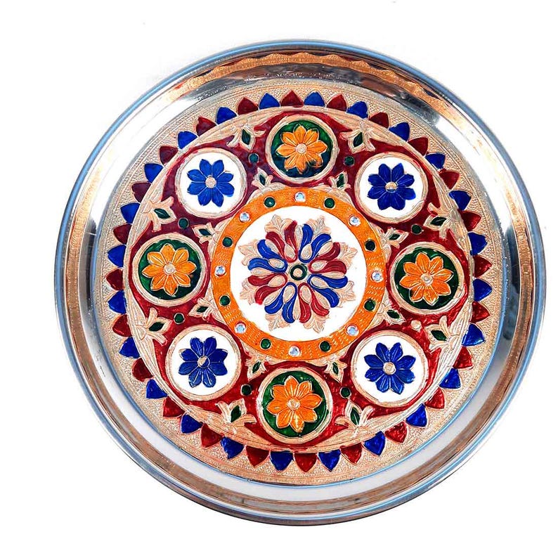 Decorative Pooja Plate | Aarti Thal | Puja Thali - Flower Design - For Pooja, Karwachauth & Festivals - 11 Inch image 3