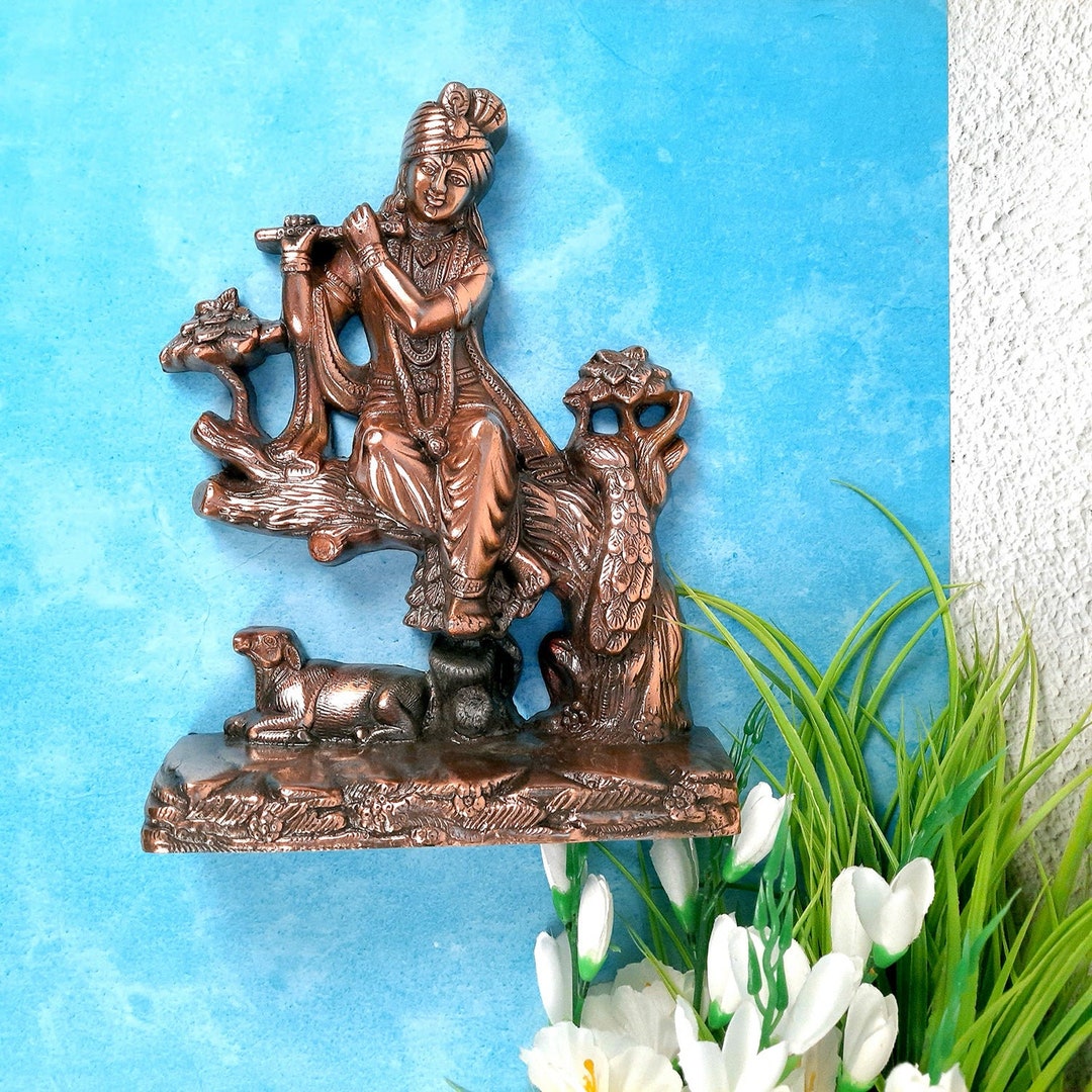 lord-krishna-playing-flute-with-cow-wall-hanging-statue-idol-etsy