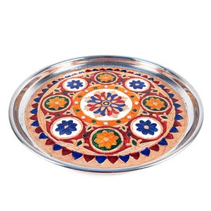 Decorative Pooja Plate | Aarti Thal | Puja Thali - Flower Design - For Pooja, Karwachauth & Festivals - 11 Inch image 1