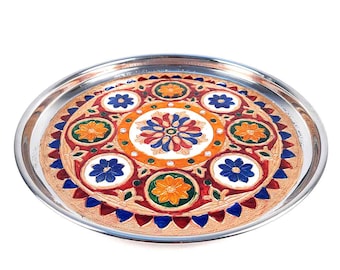 Decorative Pooja Plate | Aarti Thal | Puja Thali - Flower Design - For Pooja, Karwachauth & Festivals - 11 Inch
