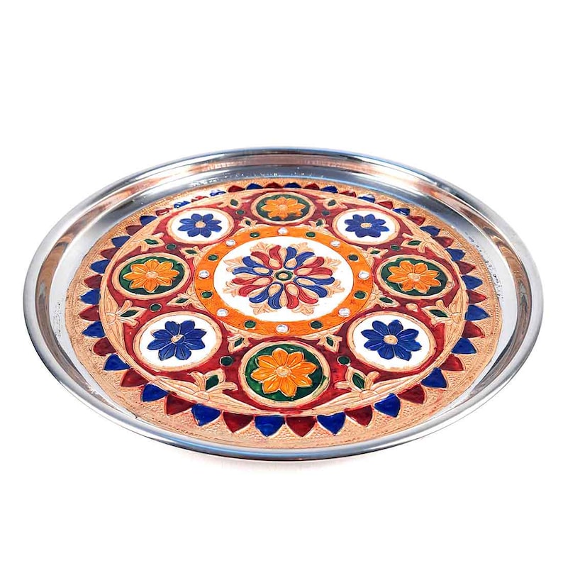 Decorative Pooja Plate | Aarti Thal | Puja Thali - Flower Design - For Pooja, Karwachauth & Festivals - 11 Inch image 1