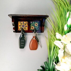 Wooden Shelf with Key Hooks Wall Hanging | Floating Shelf With Key Holder Stand - For Home, Entrance, Office Decor & Gifts - 7 Inch image 3