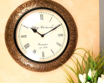 Wall Clock | Wall Mount Analogue Clock Antique With Brass Work - For Home, Living Room, Bedroom, Hall Decor, Gift - 12 Inch