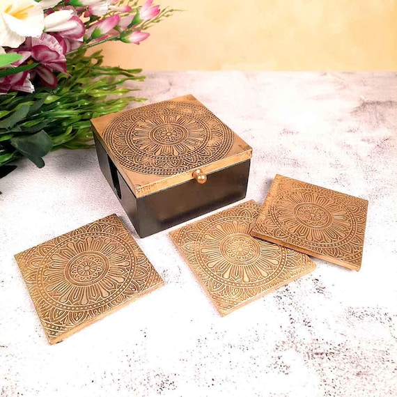Tea Coasters | Brass Coffee Coaster Set With Box - For Dining Table, Kitchen, Bar, Tables, Hot Pots, Cups, Mugs - 5 Inch (Set of 6)