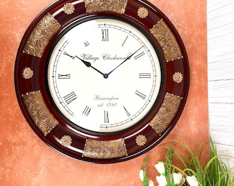 Wall Clock Wooden With Premium Wood Finish & Brass Work - For Home, Living Room, Bedroom, Hall Decor, Gifts - 18 Inch