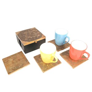Posavasos de té/café de latón con caja - Para mesa de comedor, cocina, bar, mesas, ollas calientes, tazas, jarros - 5 pulgadas (juego de 6) imagen 2