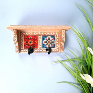Wooden Shelf with Key Hooks Wall Hanging | Floating Shelf With Key Holder Stand - For Home, Entrance, Office Decor & Gifts - 7 Inch image 2