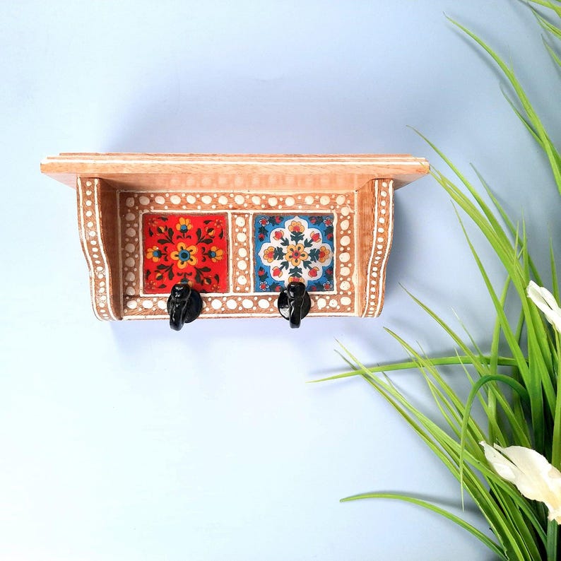 Wooden Shelf with Key Hooks Wall Hanging | Floating Shelf With Key Holder Stand - For Home, Entrance, Office Decor & Gifts - 7 Inch image 2