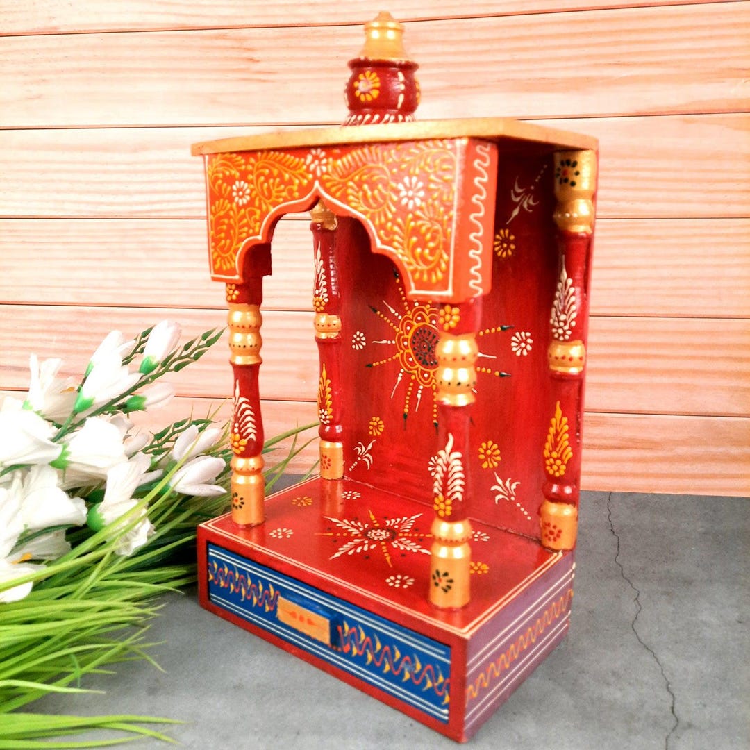 Small Puja Rack Pooja Temple Wall Mounted With Drawer | Wooden Puja Mandir – for Home ...