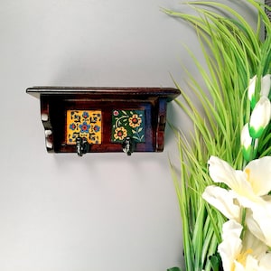 Wooden Shelf with Key Hooks Wall Hanging | Floating Shelf With Key Holder Stand - For Home, Entrance, Office Decor & Gifts - 7 Inch