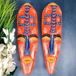 African Egyptian Wall Mask Hanging | Long Tribal Masks for Home, Entrance, Living Room, Door, Hall-Way, Balcony Decor (Pack of 2) - 18 Inch