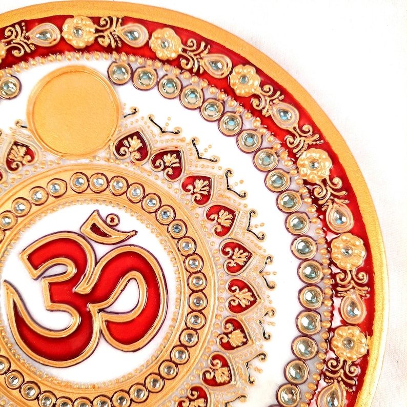 Marble Pooja Plate With Diya | Aarti Thali - Om Heavy Design - For Pooja, Weddings & Festivals - 9 Inch image 7