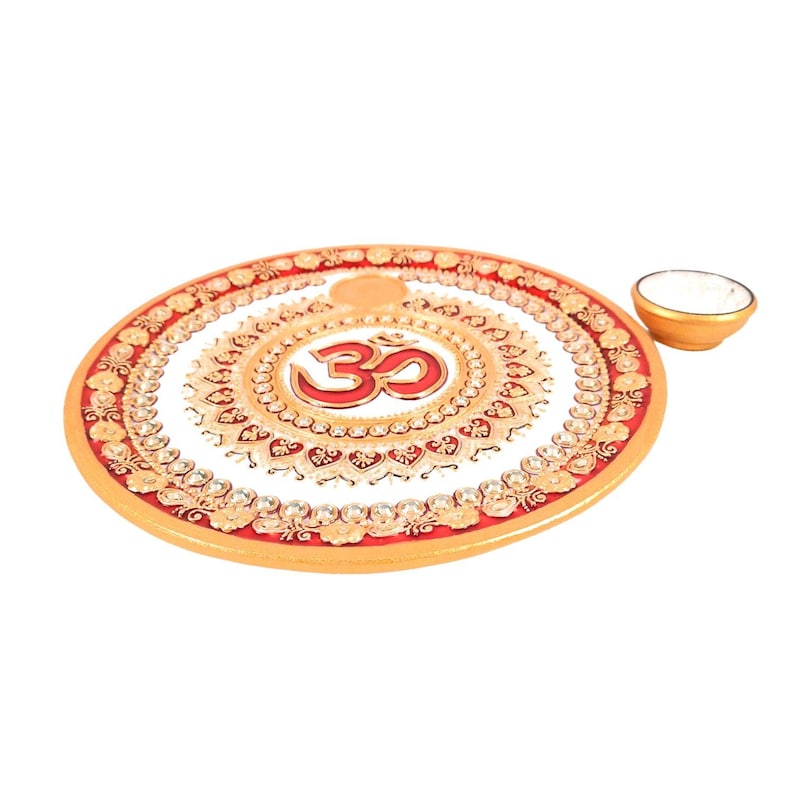 Marble Pooja Plate With Diya | Aarti Thali - Om Heavy Design - For Pooja, Weddings & Festivals - 9 Inch image 3