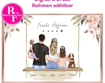 May include: A digital illustration of a family of four and their dog sitting on a swing. The family is facing away from the viewer. The parents are wearing jeans and t-shirts. The children are wearing casual clothing. The dog is a brown and white dog. The text "Familie Hoffmann" is at the top of the image.