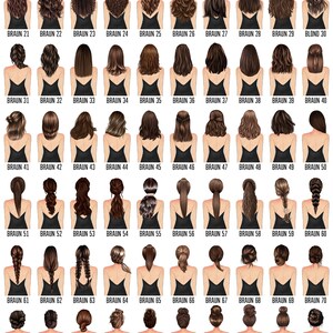 Puede incluir: Cien ilustraciones de diferentes peinados casta&ntilde;os, numeradas y etiquetadas como "BRAUN". La imagen incluye un logotipo con las letras "R" y "F" dentro de un c&iacute;rculo rosa. Los peinados var&iacute;an en estilo.