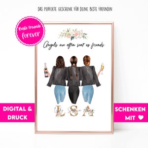 Puede incluir: Un póster blanco imprimible con un diseño floral en la parte superior. El póster presenta a tres mujeres con cabello largo castaño que visten chaquetas de cuero negras y jeans azules. El texto "Angels are often sent as friends" está impreso en negro en la parte superior del póster. Los nombres "Lilly, Sophie, Anna" están impresos en cursiva en la parte inferior del póster.