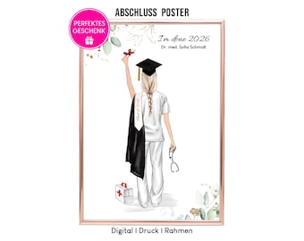 May include: A framed graduation poster featuring a cartoon illustration of a blonde person in medical scrubs and a graduation cap, holding a diploma. The text reads "I'm done 2026" and "Dr. med. Sofia Schmidt". The poster includes the text "ABSCHLUSS POSTER".