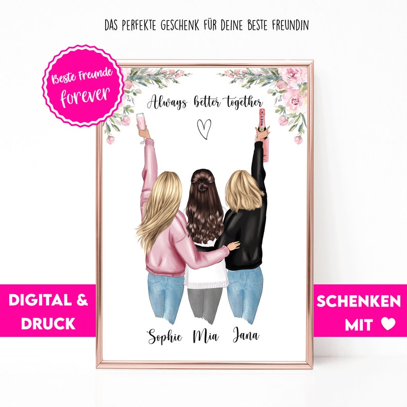 Puede incluir: Una impresi&oacute;n digital con tres mujeres de pelo rubio y casta&ntilde;o, que llevan su&eacute;teres rosas, negros y grises y pantalones vaqueros, sosteniendo copas de champ&aacute;n y una botella de vino. El texto "Always better together" est&aacute; escrito en letras rosas y negras con un coraz&oacute;n rosa. Los nombres "Sophie", "Mia" y "Jana" est&aacute;n escritos debajo de las mujeres.