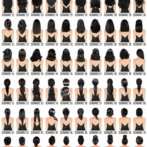 Puede incluir: Un gr&aacute;fico con 100 peinados diferentes para mujeres, todos con cabello negro. Los peinados est&aacute;n dispuestos en filas de 10, con cada fila etiquetada con un n&uacute;mero del 1 al 10. Los peinados incluyen trenzas, mo&ntilde;os, coletas y otros estilos.