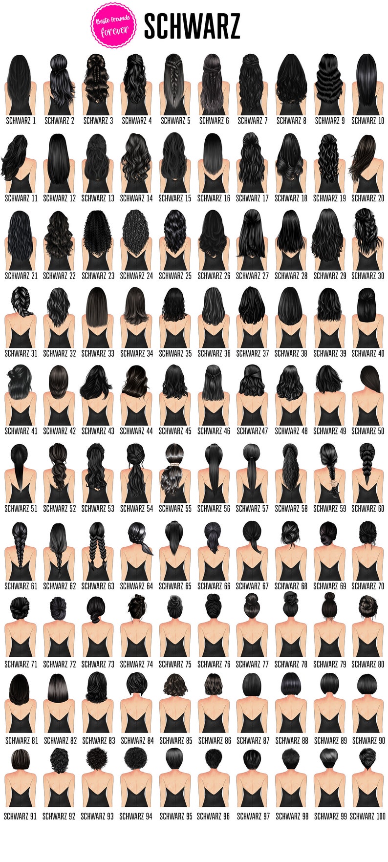 Puede incluir: Un gr&aacute;fico con 100 peinados diferentes para mujeres, todos con cabello negro. Los peinados est&aacute;n dispuestos en filas de 10, con cada fila etiquetada con un n&uacute;mero del 1 al 10. Los peinados incluyen trenzas, mo&ntilde;os, coletas y otros estilos.