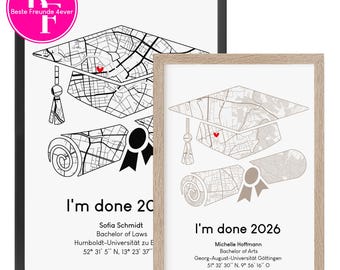 Graduation gift with coordinates for Bachelor's, Master's, or High School Diploma | Exam passed | Personalized city map | Doctorate gift