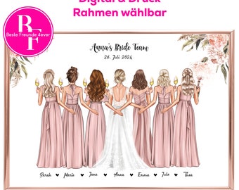May include: A digital illustration of seven women in pink dresses, with one woman in a white wedding dress. The women are holding champagne glasses and smiling. The text "Anna's Bride Team" and "26. Juli 2024" is at the top of the image. The names of the women are listed below the image: Sarah, Marie, Jana, Anna, Emma, Jule, and Thea.