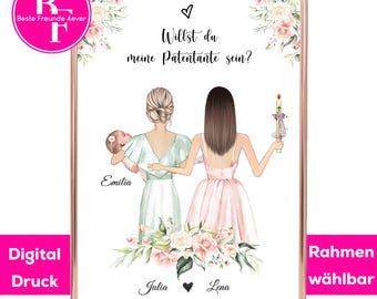 May include: A printable card with a floral design and the text "Willst du meine Patentante sein?" (Will you be my godmother?) with the names "Emilia", "Julia", and "Lena" at the bottom.