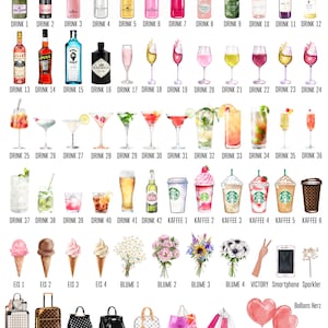 May include: A colorful illustration of drinks, food, and accessories. The image includes a variety of drinks, such as champagne, wine, cocktails, and coffee. It also includes food items like ice cream and flowers. The image also includes accessories like handbags and balloons. The text "Drinks & Co" is at the top of the image.