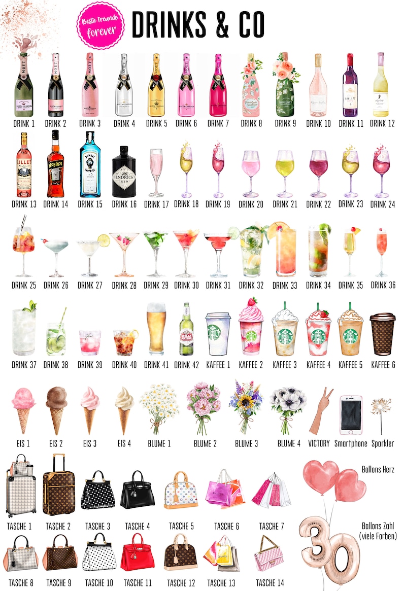 May include: A colorful illustration of drinks, food, and accessories. The image includes a variety of drinks, such as champagne, wine, cocktails, and coffee. It also includes food items like ice cream and flowers. The image also includes accessories like handbags and balloons. The text "Drinks & Co" is at the top of the image.