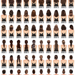 Puede incluir: Un gr&aacute;fico de 100 peinados diferentes para mujeres, etiquetado con la palabra "BRAUN" en la parte superior. Cada peinado est&aacute; numerado del 1 al 100.