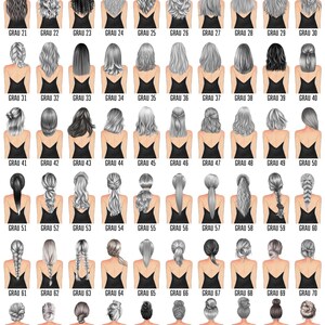 May include: A chart with 100 different hairstyles for women, all in shades of gray. Each hairstyle is labeled with a number and the word "GRAU" which is German for "gray".