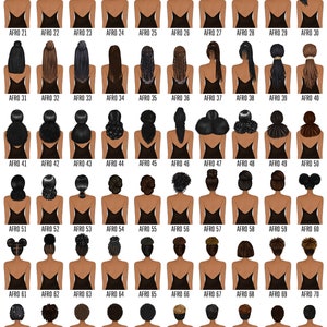 Puede incluir: Un gr&aacute;fico de 80 peinados diferentes para mujeres afroamericanas. Cada peinado est&aacute; ilustrado con una mujer con un vestido negro, visto desde atr&aacute;s.