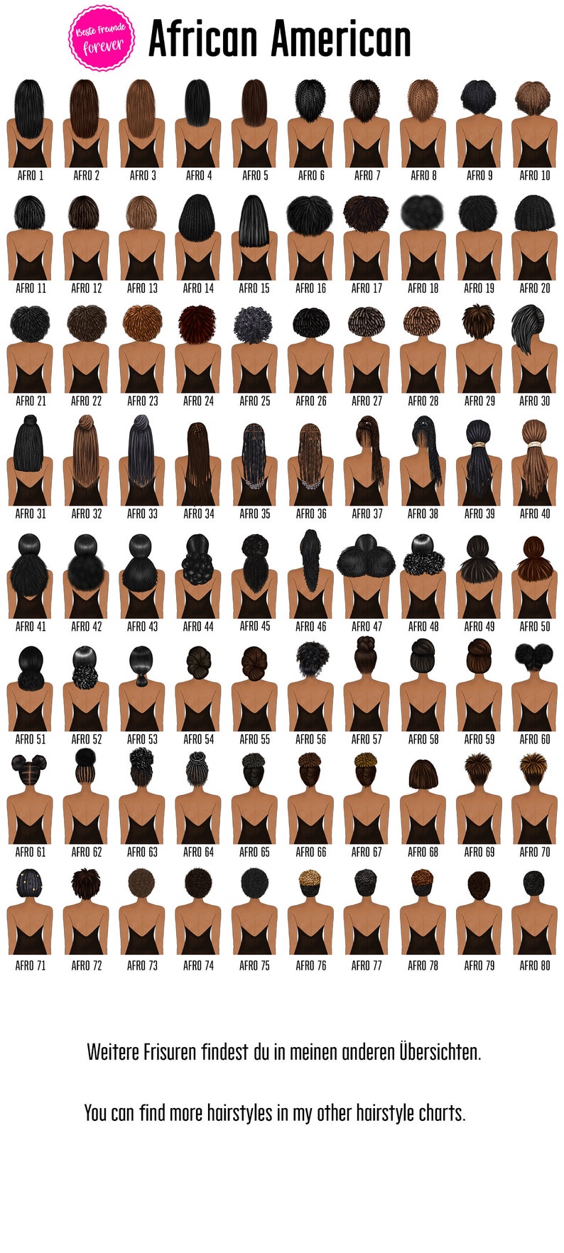 Puede incluir: Un gr&aacute;fico de 80 peinados diferentes para mujeres afroamericanas. Cada peinado est&aacute; ilustrado con una mujer con un vestido negro, visto desde atr&aacute;s.