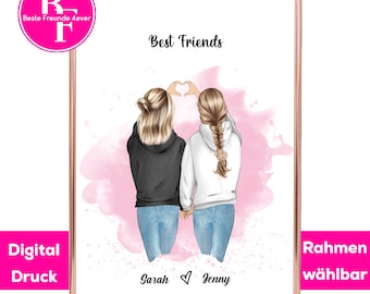 May include: A digital print of two friends standing back to back with their hands forming a heart shape. The print is on a pink background with white polka dots. The text "Best Friends" is at the top of the print. The names "Sarah" and "Jenny" are at the bottom of the print.