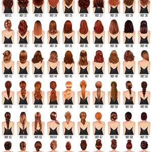 May include: A chart of 100 different red hair styles for women. Each style is numbered and labeled with the word "ROT" followed by a number.