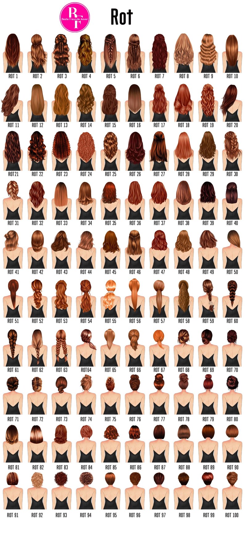 May include: A chart of 100 different red hair styles for women. Each style is numbered and labeled with the word "ROT" followed by a number.