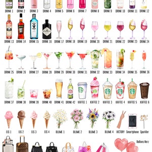 Puede incluir: Una ilustraci&oacute;n colorida de bebidas, comida y accesorios. La imagen incluye una variedad de bebidas, como champ&aacute;n, vino, c&oacute;cteles y caf&eacute;. Tambi&eacute;n hay im&aacute;genes de helados, flores y bolsos. El texto "Drinks & Co" est&aacute; en la parte superior de la imagen.